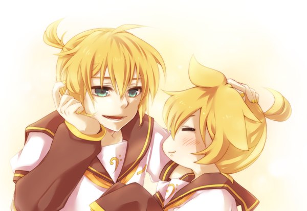 Anime picture 1450x1000 with vocaloid kagamine len mukkun blush short hair blonde hair smile white background green eyes eyes closed dual persona boy