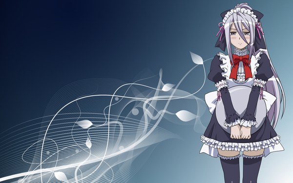 Anime picture 1920x1200 with chrome shelled regios felli loss single long hair blush highres wide image silver hair ponytail maid silver eyes girl thighhighs bow black thighhighs headdress maid headdress apron tray