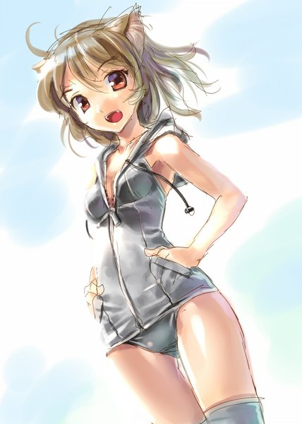 Anime picture 642x900 with original katahira masashi single tall image looking at viewer short hair open mouth light erotic brown eyes animal ears teeth fang (fangs) shiny skin hands in pockets sketch girl thighhighs swimsuit one-piece swimsuit school swimsuit