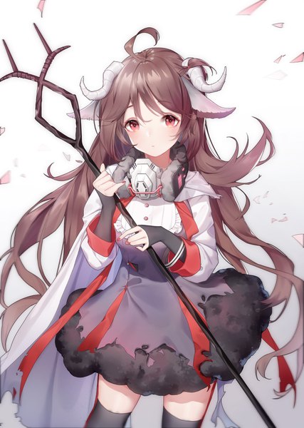 Anime picture 2480x3486 with arknights eyjafjalla (arknights) ahu hu single long hair tall image looking at viewer highres red eyes brown hair standing holding animal ears ahoge nail polish horn (horns) zettai ryouiki headphones around neck sheep girl sheep ears