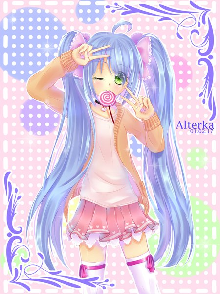 Anime picture 1500x2000 with original alterka single long hair tall image blush fringe hair between eyes twintails holding green eyes signed blue hair ahoge very long hair long sleeves pleated skirt one eye closed arm up wink