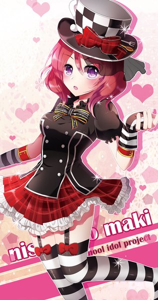 Anime picture 500x944 with love live! school idol project sunrise (studio) love live! nishikino maki tora (tora factory) single tall image looking at viewer blush fringe open mouth hair between eyes standing purple eyes bent knee (knees) red hair :o short sleeves copyright name character names