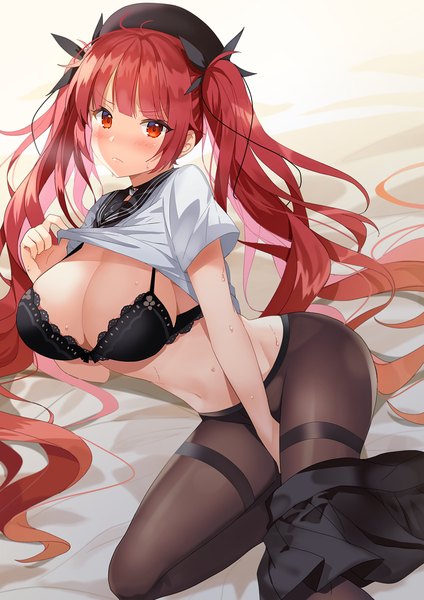 Anime picture 800x1131 with azur lane honolulu (azur lane) kurot single tall image looking at viewer blush fringe breasts light erotic hair between eyes red eyes large breasts twintails payot cleavage ahoge bent knee (knees) red hair blunt bangs