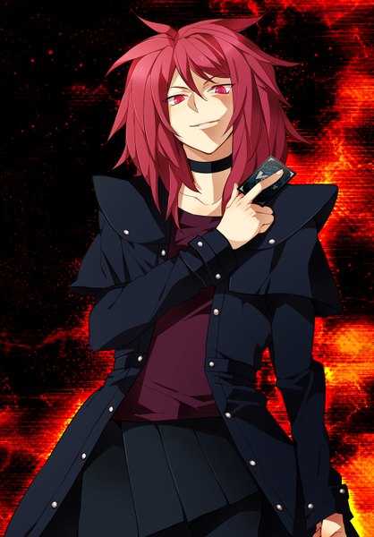 Anime picture 1000x1434 with cardfight!! vanguard suzugamori ren yamaki suzume single tall image looking at viewer short hair smile pink hair pink eyes from below boy choker card (cards)