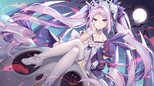 Anime-Bild 1920x1080 mit song of time silveroid single looking at viewer blush fringe highres breasts smile hair between eyes wide image sitting purple eyes twintails bare shoulders holding payot cleavage purple hair cloud (clouds)
