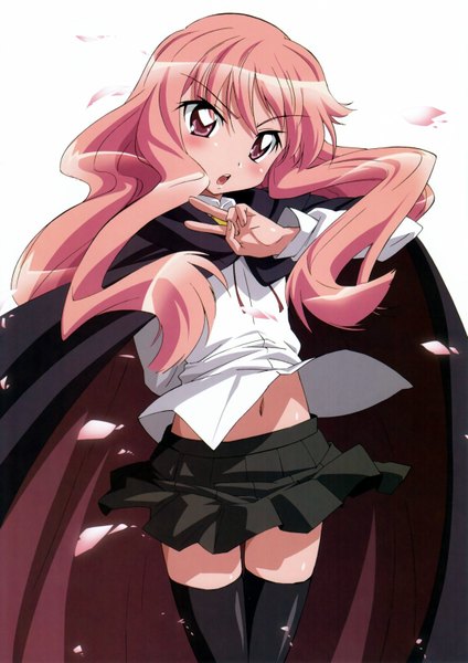 Anime picture 1132x1600 with zero no tsukaima j.c. staff louise francoise le blanc de la valliere fujii masahiro single long hair tall image looking at viewer open mouth pink hair pink eyes scan midriff zettai ryouiki victory skirt flip girl thighhighs skirt black thighhighs