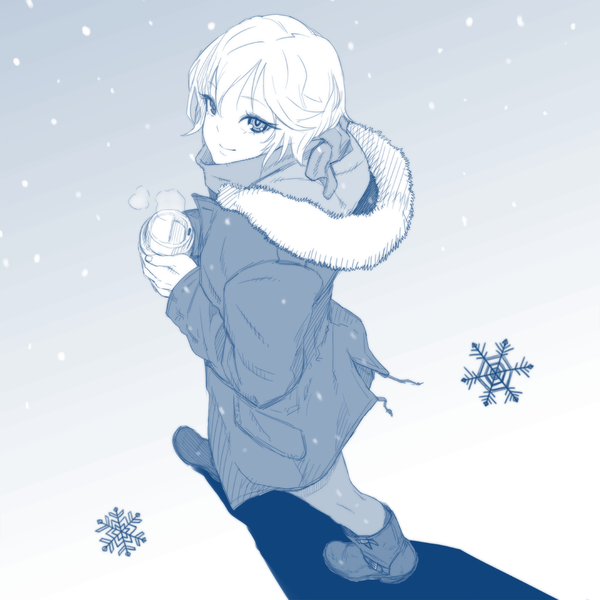 Anime picture 1200x1200 with idolmaster idolmaster cinderella girls anastasia (idolmaster) tocky single looking at viewer short hair smile from above shadow fur trim monochrome snowing steam girl jacket fur knee boots snowflake (snowflakes) fur collar