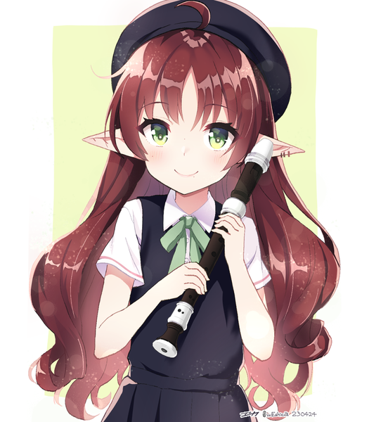 Anime picture 1050x1200 with arknights myrtle (arknights) weshika single long hair tall image looking at viewer blush simple background smile brown hair holding green eyes upper body ahoge pointy ears loli piercing border ear piercing