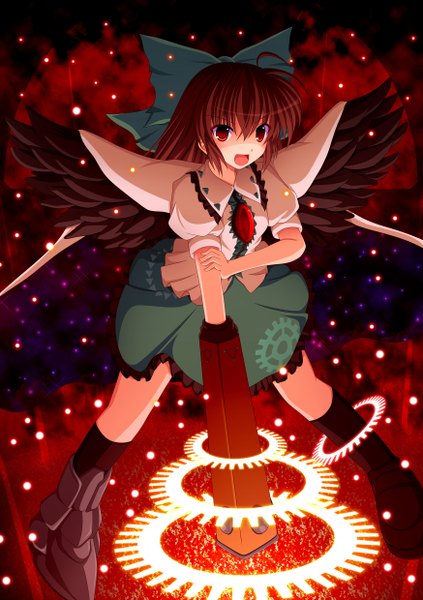 Anime picture 1748x2480 with touhou reiuji utsuho cross (artist) single long hair tall image highres open mouth red eyes brown hair arm cannon girl bow weapon hair bow wings