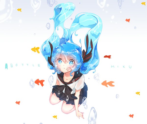 Anime picture 1000x848 with vocaloid hatsune miku bottle miku cherinova single long hair looking at viewer blush fringe blue eyes twintails blue hair pleated skirt from above inscription underwater liquid hair girl skirt uniform