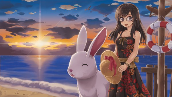 Anime picture 1200x678 with original npcpepper long hair blush open mouth black hair wide image brown eyes cloud (clouds) beach evening sunset girl hat glasses sundress bunny