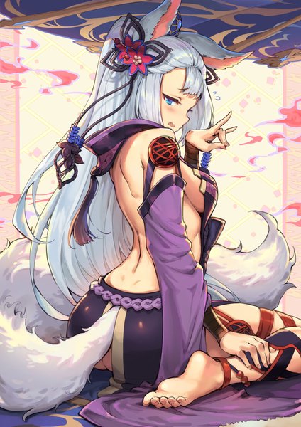 Anime picture 778x1100 with granblue fantasy socie (granblue fantasy) haoni single long hair tall image looking at viewer blush fringe breasts open mouth blue eyes light erotic sitting animal ears silver hair full body ass tail animal tail