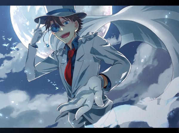 Anime picture 1377x1024 with detective conan magic kaito kaito kid ikuryomaga open mouth blue eyes brown hair cloud (clouds) night happy letterboxed formal boy gloves hat necktie moon full moon suit monocle
