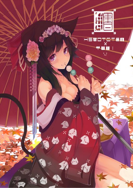 Anime picture 999x1412 with original yuui hutabakirage single long hair tall image blush black hair purple eyes animal ears cleavage tail traditional clothes japanese clothes animal tail cat ears cat girl cat tail eating girl hair ornament