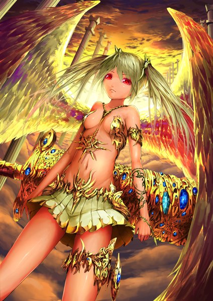 Anime picture 1240x1754 with original solru (tyappygain) single long hair tall image looking at viewer breasts light erotic red eyes twintails bare shoulders sky evening sunset girl skirt navel weapon miniskirt sword