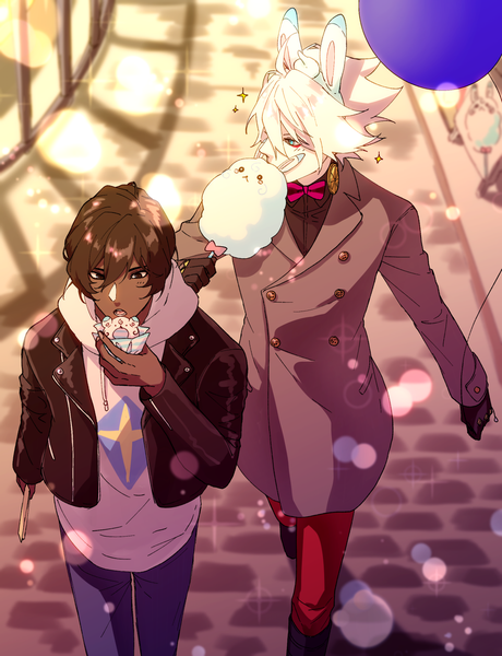 Anime picture 1200x1564 with fate (series) fate/grand order fou (fate) karna (fate) arjuna (fate) fuka (hk nemo) tall image fringe short hair hair between eyes brown hair animal ears looking away outdoors white hair from above open jacket multiple boys sparkle dark skin