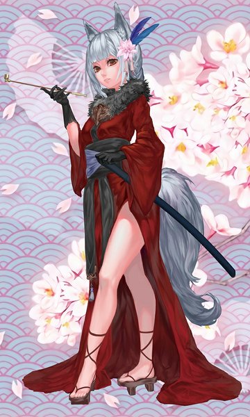 Anime picture 599x998 with original shou xun bu liang single tall image looking at viewer fringe short hair standing holding animal ears tail traditional clothes parted lips japanese clothes animal tail hair flower grey hair bare legs orange eyes fox ears