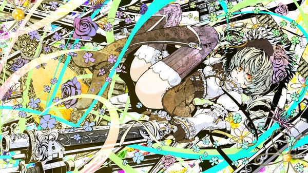Anime picture 1920x1080 with mahou shoujo madoka magica shaft (studio) tomoe mami beshi single highres light erotic blonde hair wide image hair flower orange eyes girl thighhighs gloves hair ornament flower (flowers) weapon petals boots fingerless gloves