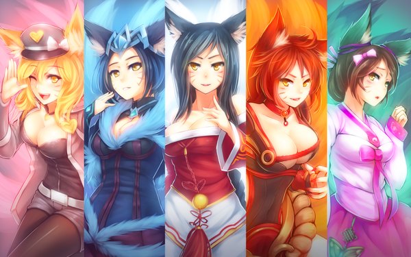 Anime picture 1920x1200 with league of legends ahri (league of legends) popstar ahri (league of legends) ricegnat long hair looking at viewer blush highres breasts open mouth light erotic black hair blonde hair smile brown hair large breasts bare shoulders multiple girls animal ears yellow eyes
