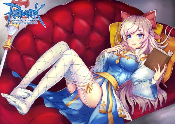 Anime picture 1052x744 with ragnarok online archbishop (ragnarok online) kelinch1 single long hair looking at viewer blush breasts open mouth blue eyes light erotic smile holding full body white hair wide sleeves copyright name hand on chest reclining girl