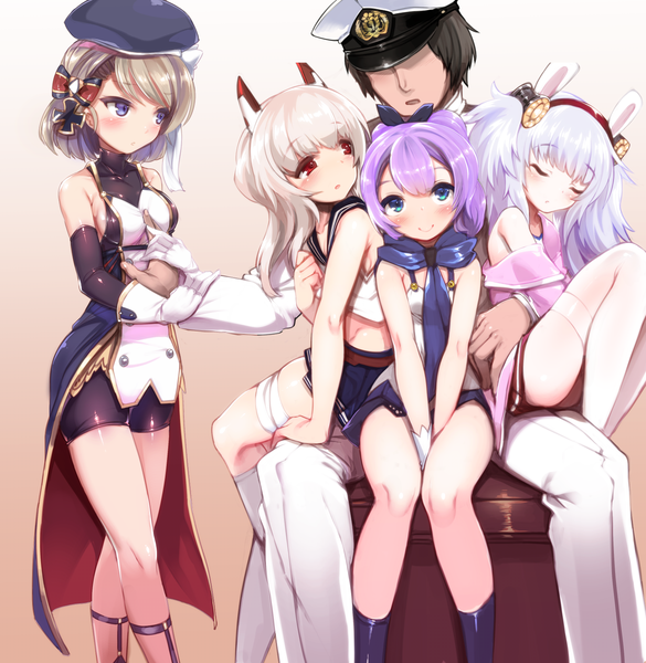 Anime picture 1508x1546 with azur lane ayanami (azur lane) laffey (azur lane) javelin (azur lane) commander (azur lane) z23 (azur lane) harigane shinshi long hair tall image blush short hair open mouth blue eyes light erotic blonde hair smile red eyes brown hair standing sitting