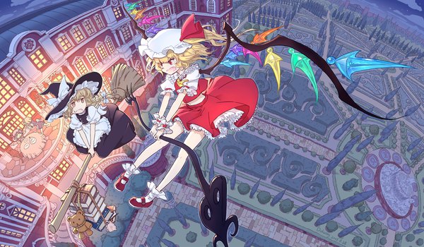 Anime picture 1920x1122 with touhou flandre scarlet remilia scarlet kirisame marisa izayoi sakuya dahuang long hair fringe highres short hair open mouth blonde hair red eyes wide image sitting multiple girls holding yellow eyes looking away purple hair