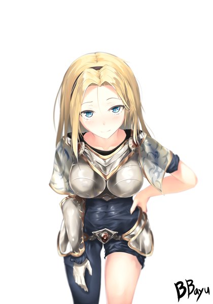 Anime picture 1400x2000 with league of legends lux (league of legends) bbayu single long hair tall image looking at viewer blush blue eyes blonde hair simple background white background hand on hip girl armor