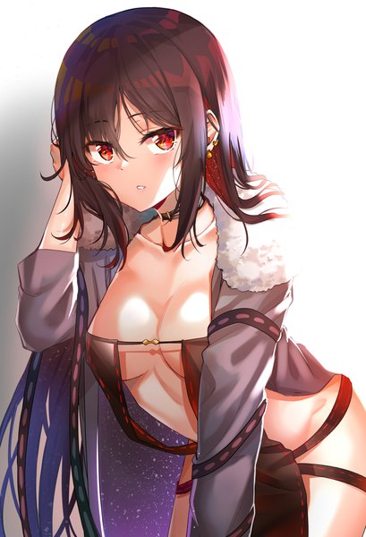Anime picture 1400x2053 with fate (series) fate/grand order yu mei-ren (fate) nyung single long hair tall image looking at viewer blush fringe breasts light erotic simple background hair between eyes red eyes brown hair large breasts payot parted lips multicolored hair