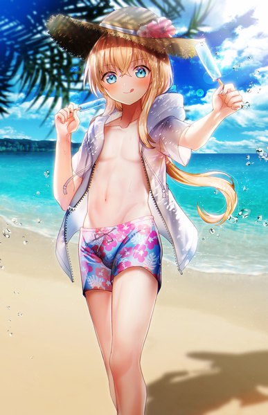 Anime picture 1248x1935 with touken ranbu nitroplus midare toushirou abandon ranka single long hair tall image looking at viewer blush fringe blue eyes light erotic blonde hair smile sky cloud (clouds) open jacket shadow beach groin