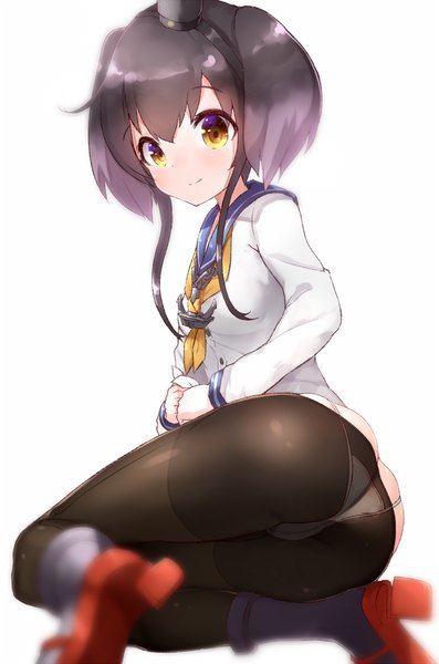 Anime picture 650x981 with kantai collection tokitsukaze destroyer boruhis single long hair tall image looking at viewer blush fringe breasts light erotic black hair simple background smile hair between eyes sitting yellow eyes ass multicolored hair girl
