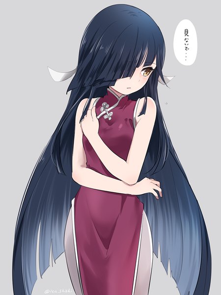 Anime picture 800x1067 with kantai collection hayashimo destroyer ica single long hair tall image blush fringe black hair simple background standing brown eyes signed blue hair looking away traditional clothes multicolored hair hair over one eye grey background sleeveless
