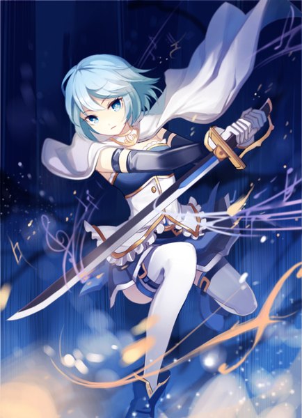 Anime picture 794x1096 with mahou shoujo madoka magica shaft (studio) miki sayaka apring single tall image looking at viewer fringe short hair blue eyes blue hair fighting stance treble clef girl thighhighs skirt gloves weapon white thighhighs sword