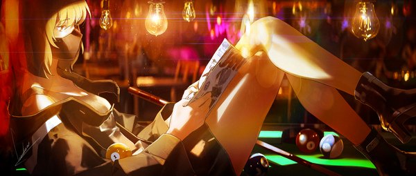 Anime picture 1920x816 with original loundraw fringe highres short hair wide image holding brown eyes signed indoors green hair blurry open jacket bare legs high heels crossed legs lens flare solo focus reclining reading