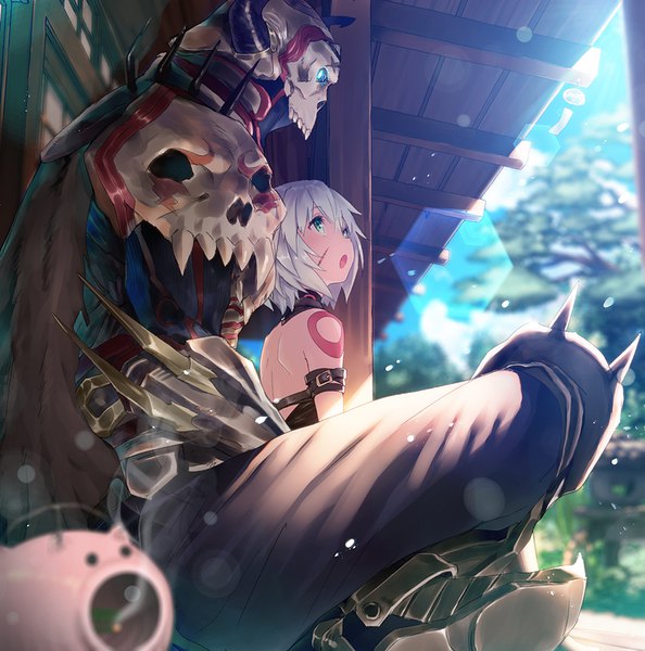 Anime picture 792x800 with fate (series) fate/grand order fate/apocrypha jack the ripper (fate/apocrypha) king hassan (fate) yasuyuki tall image fringe short hair open mouth blue eyes hair between eyes sitting bare shoulders green eyes silver hair full body outdoors horn (horns) sunlight