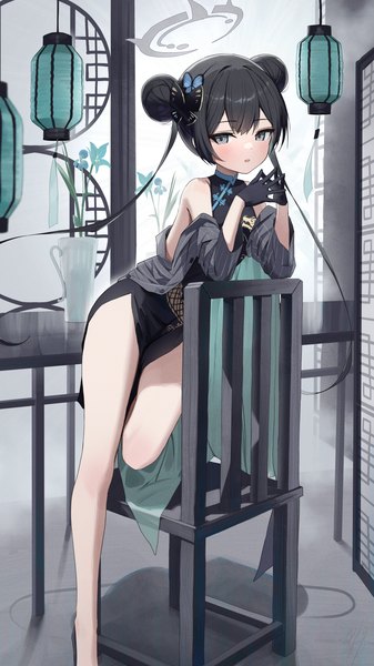 Anime picture 1800x3200 with blue archive kisaki (blue archive) hidulume single long hair tall image blush fringe highres light erotic black hair hair between eyes standing twintails bent knee (knees) indoors traditional clothes bare legs grey eyes hair bun (hair buns)
