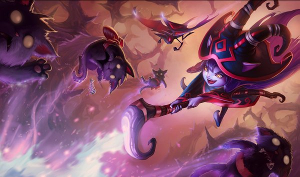 Anime picture 1215x717 with league of legends lulu (league of legends) single long hair wide image purple hair pointy ears dark skin skeleton fairy girl hat cat staff