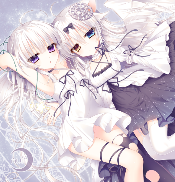 Anime picture 800x829 with original tsukikage nemu long hair tall image looking at viewer multiple girls animal ears white hair heterochromia girl thighhighs dress hair ornament bow black thighhighs 2 girls hair bow white thighhighs wings torn thighhighs