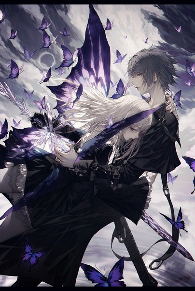 Anime picture 1349x2000 with original wanke long hair tall image looking at viewer fringe short hair black hair hair between eyes purple eyes cloud (clouds) white hair eyes closed parted lips profile wide sleeves dutch angle couple floating hair letterboxed