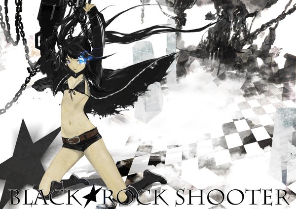 Anime picture 3508x2480 with black rock shooter black rock shooter (character) kiyohisa single highres blue eyes twintails absurdres copyright name glowing scar glowing eye (eyes) checkered background girl weapon shorts star (symbol) gun chain