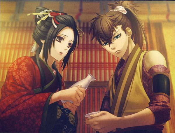 Anime picture 1841x1400 with hakuouki shinsengumi kitan studio deen chizuru yukimura toudou heisuke highres black hair brown hair brown eyes green eyes ponytail japanese clothes scan couple girl boy kimono alcohol sake sakazuki tokkuri