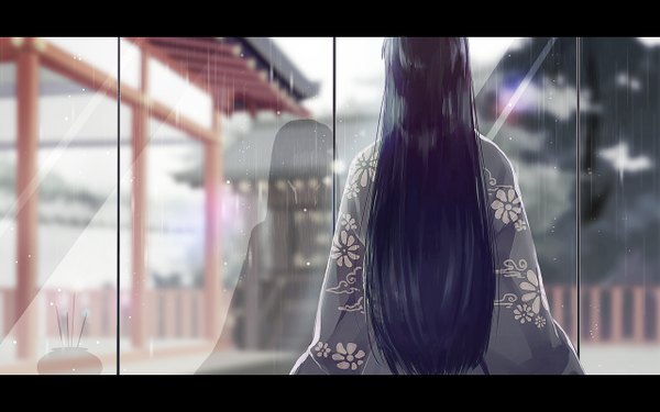 Anime picture 1280x800 with original yoeah (artist) black hair wide image long sleeves very long hair traditional clothes japanese clothes from behind back reflection rain girl flower (flowers) window kimono