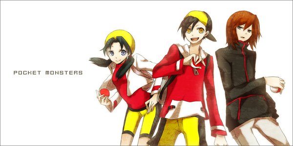 Anime picture 1100x550 with pokemon pokemon heartgold and soulsilver nintendo gold (pokemon) silver (pokemon) crystal (pokemon) buzz short hair open mouth black hair simple background smile brown hair wide image white background twintails grey eyes orange eyes short twintails girl