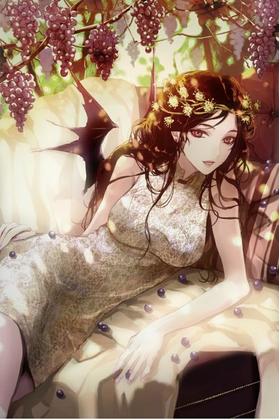 Anime picture 740x1110 with devil maker ashita single long hair tall image looking at viewer breasts black hair smile bare shoulders hair flower pointy ears sunlight grey eyes reclining fantasy sunbeam bat wings girl dress
