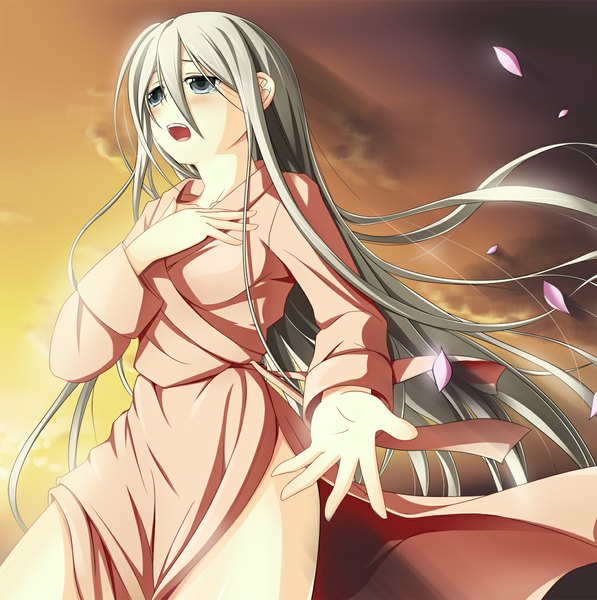 Anime picture 1089x1096 with chrome shelled regios felli loss nekoro long hair tall image open mouth light erotic silver hair tears evening sunset silver eyes girl petals