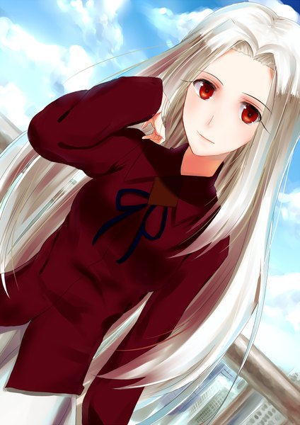 Anime picture 1500x2121 with fate (series) fate/zero type-moon irisviel von einzbern colivt (artist) single long hair tall image looking at viewer red eyes cloud (clouds) white hair light smile cityscape girl shirt