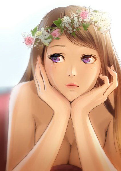 Anime picture 800x1131 with original mondji single long hair tall image breasts light erotic brown hair purple eyes bare shoulders looking away cleavage lips face girl flower (flowers) rose (roses) wreath