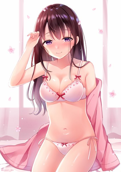 Anime picture 773x1093 with original sakura hiyori single long hair tall image looking at viewer blush fringe breasts light erotic smile hair between eyes brown hair sitting purple eyes bare shoulders signed payot cleavage indoors