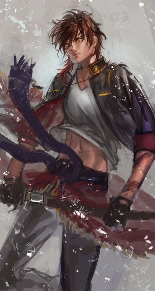 Anime picture 640x1200 with touken ranbu nitroplus ookurikara yamakawa umi single long hair tall image simple background brown hair yellow eyes looking away red hair multicolored hair grey background two-tone hair bare belly tattoo boy gloves navel