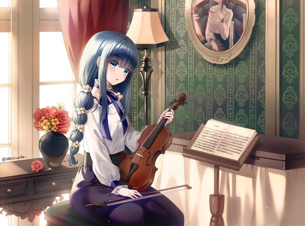 Anime picture 1500x1112 with original eunji0093 single long hair looking at viewer blush fringe blue eyes sitting twintails holding signed payot blue hair indoors blunt bangs long sleeves hair flower twitter username turning head