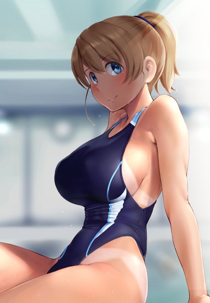 Anime picture 2500x3600 with kantai collection intrepid (kantai collection) wa (genryusui) single tall image looking at viewer blush fringe highres short hair breasts blue eyes light erotic blonde hair smile hair between eyes large breasts sitting bare shoulders ponytail